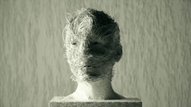 Antika konsept. Beyaz alçı büstü canlanır ve başını çevirir, göz kırpar ve ağzını açar, beyaz dolambaçlı iplikler yüzünde kaotik bir şekilde hareket eder. Yüksek kalite 3d illüstrasyon