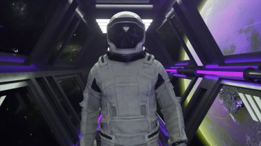 Teknoloji ve gelecek kavramı. Uzay gemisi tünelinde yürüyen bir astronot. Bilim kurgu mekiği koridoru. Mor ışık. Arka planda ay var. Yüksek kalite 3d illüstrasyon