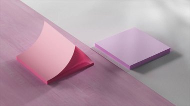 Ofis masasındaki çıkartmalar vantilatör gibi açılıp kapanıyor. Pembe ve mor yapışkan notlar. Reklamcılık. Yüksek kalite 3d illüstrasyon