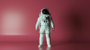 Soyut uzay kavramı. Astronot pembe izole bir zemin üzerinde duruyor ve ışık değiştiriyor. Krom anahtar. Miğfer. Karanlık ve aydınlık. Yüksek kalite 3d illüstrasyon