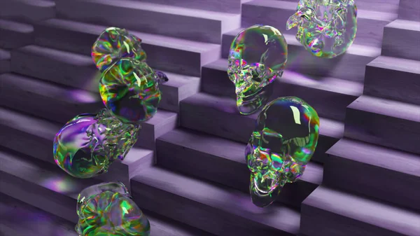 Soft diamond and bone skulls roll down the stairs. Purple neon color. Rainbow. Transparent. Wooden stairs. High quality 3d illustration