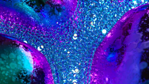 Абстрактна Концепція Потік Світяться Блакитних Неонових Частинок Тече Навколо Бульбашок — стокове фото