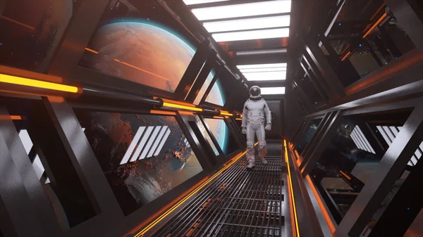 Astronaute Marche Dans Tunnel Vaisseau Spatial Couloir Spatial Futuriste Science — Photo