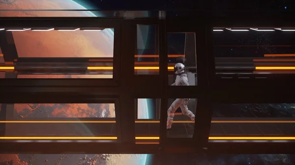 Conceito Espacial Astronauta Atravessando Longo Túnel Para Outro Compartimento Portal — Fotografia de Stock