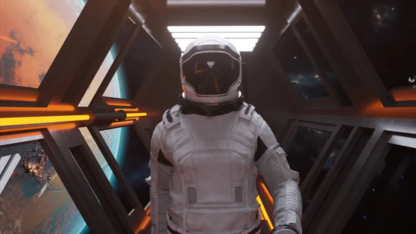 Raumkonzept Ein Astronaut Geht Durch Einen Futuristischen Raumfahrttunnel Mit Dem — Stockfoto