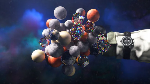 Planets of the solar system and diamond spheres connect on a space background. The astronaut\'s hand breaks the cluster. High quality 3d illustration