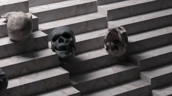 ホラーコンセプト 柔らかい灰色と黒の頭蓋骨が階段を転がっています 大理石の階段 接近中だ 3Dイラスト 高品質の3Dイラスト — ストック写真