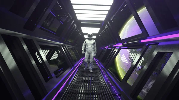 Tecnologia Conceito Futuro Astronauta Caminhar Túnel Nave Espacial Corredor Transporte — Fotografia de Stock