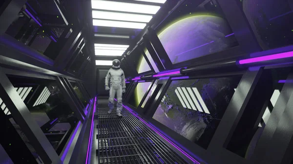 宇宙飛行士は宇宙船のトンネルを歩く Sf未来の宇宙回廊 月の軌道 青いネオンライト 高品質の3Dイラスト — ストック写真