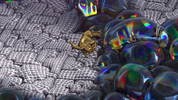 Concepto Abstracto Figura Dorada Divertida Mueve Caóticamente Superficie Burbujas Inflables — Foto de Stock