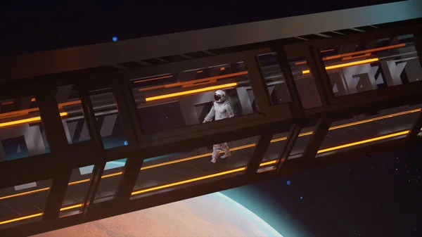 Technologie Koncepce Budoucnosti Sám Astronaut Kráčející Futuristické Sci Chodbě Oranžové — Stock fotografie
