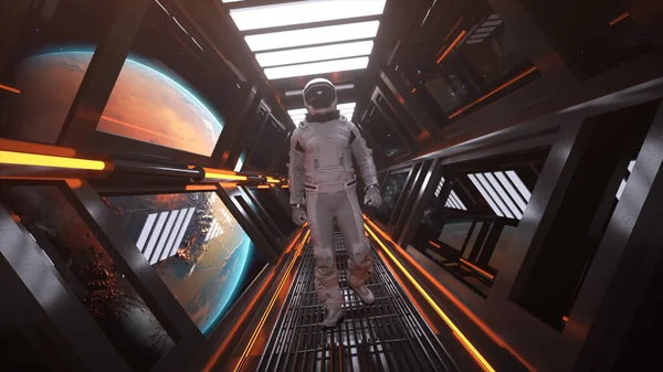技术和未来的概念 孤独的宇航员在一个未来派科幻走廊中行走 橙色霓虹灯 高质量3D插图 — 图库照片