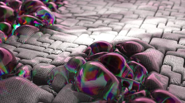 Concepto Abstracto Grandes Burbujas Verdes Púrpuras Iridiscentes Inflan Sobre Una — Foto de Stock