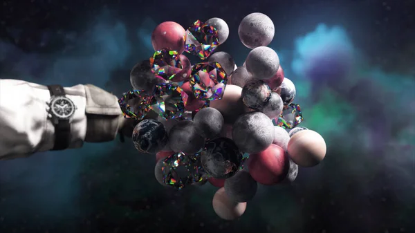 3D visualization of space objects grouped together under the force of gravity. Planets. Diamonds. The astronaut's hand separates the planets. Clouds in the background. High quality 3d illustration