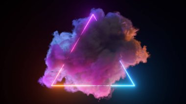Siyah izole edilmiş arka planda parlak neon bir üçgen. Üçgenin etrafında ve içinde bulut var. Fantastik modern tasarım. Yüksek kalite 3d illüstrasyon