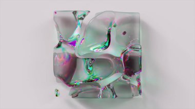 Sıvı elmas küp soyut bir arkaplanda belirir ve kaybolur. Gökkuşağı. Madde dönüşümü. Yüksek kalite 3d illüstrasyon