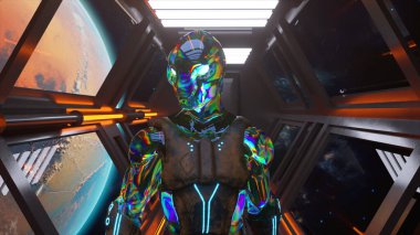 Uzay gemisinde yürüyen bir uzaylı. Yakından. Mars yörüngesi. Neon elmas kıyafetler. Uzay elbisesi. Neon aydınlatma. Yüksek kalite 3d illüstrasyon