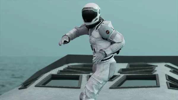 Koncepcja Eksploracji Kosmosu Astronauta Tańczy Łodzi Środku Oceanu Statek Kosmiczny — Zdjęcie stockowe