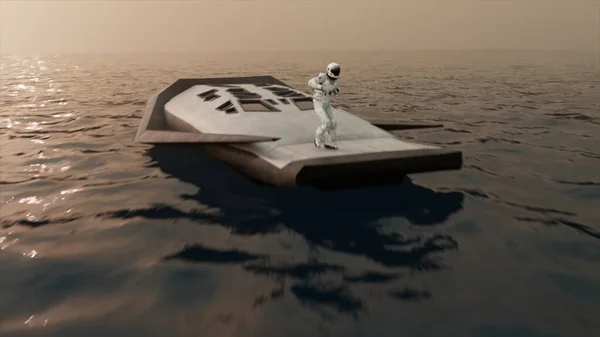 宇宙探査の概念 白い宇宙服を着た宇宙飛行士が海の真ん中の宇宙船で踊っている Sfだ 高品質の3Dイラスト — ストック写真