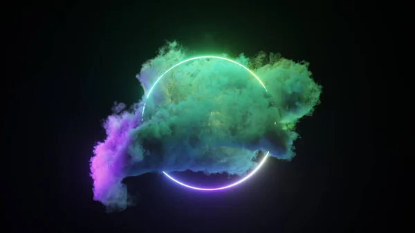 Abstrakcyjna Koncepcja Obracająca Się Chmura Oświetlona Neonowym Pierścieniem Świetlnym Czarnym — Zdjęcie stockowe
