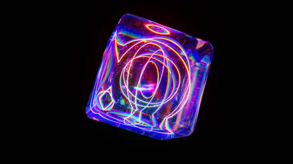 Синий Прозрачный Неоновый Куб Вращается Черном Изолированном Фоне Лазерные Линии — стоковое фото