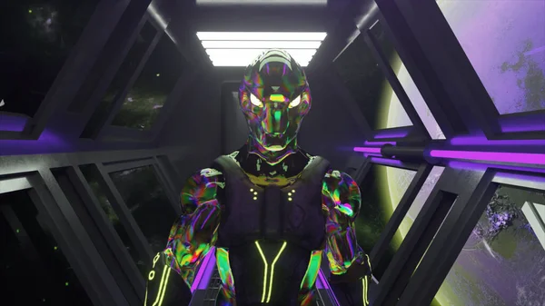 Koncept Průzkumu Vesmíru Mimozemšťan Duhovém Neonovém Obleku Prochází Tunelem Vesmírné — Stock fotografie