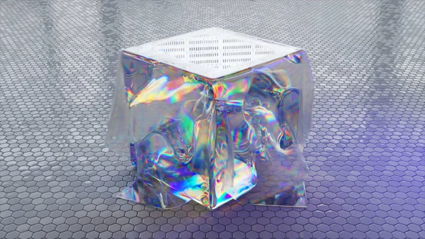Ένας Διαφανής Κύβος Ένα Ζωντανό Διαμαντένιο Υγρό Μέσα Του Στέκεται — Φωτογραφία Αρχείου