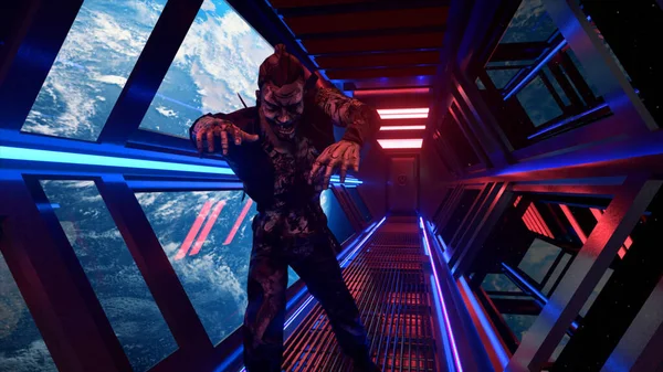 Rymdskräckfilmskoncept Realistiska Zombie Går Genom Neonkorridoren Rymdskeppet Planeten Jorden Bakgrunden — Stockfoto