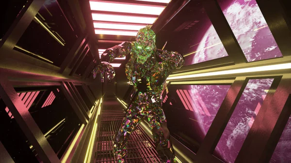 绿色的紫色钻石僵尸穿过宇宙飞船的霓虹灯走廊 以地球为背景 高质量3D插图 — 图库照片
