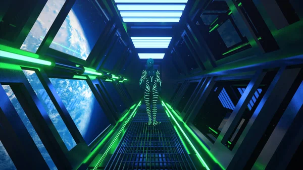 宇宙の概念 ネオン輝くスーツのエイリアンが宇宙船のトンネルを歩いている 地球上の窓からの眺め ネオンだ 高品質の3Dイラスト — ストック写真