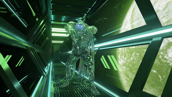ダイヤモンドゾンビは 惑星地球を背景に宇宙ネオントンネルを歩く ゾンビが宇宙飛行士を襲う 宇宙飛行士だ 宇宙でのホラー映画 高品質の3Dイラスト — ストック写真