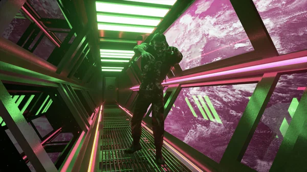 宇宙ホラー映画のコンセプト 現実的なゾンビは宇宙船のネオンの廊下を歩く 背景にある惑星地球 高品質の3Dイラスト — ストック写真
