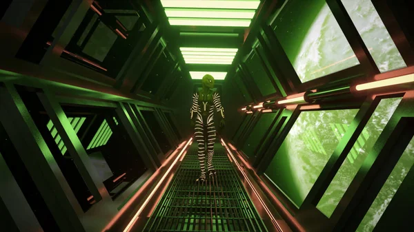 Uzaylı Uzay Gemisinin Koridorunda Yavaşça Yürüyor Neon Çizgili Takım Elbise — Stok fotoğraf