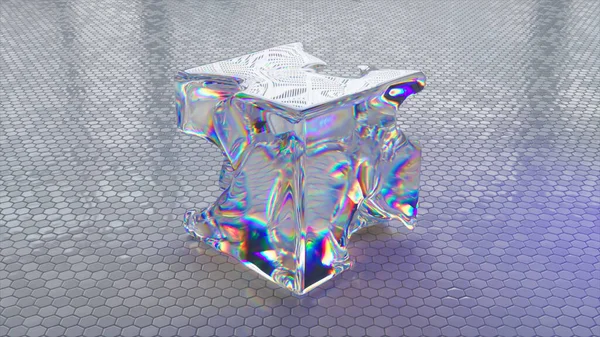 摘要概念 透明的彩虹物质采取立方体的形式 霓虹灯 光滑的地砖3D例证 高质量3D插图 — 图库照片