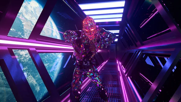 Διαστημική Ταινία Τρόμου Diamond Zombie Περπατά Μέσα Από Νέον Διάδρομο — Φωτογραφία Αρχείου