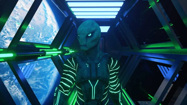 Een Alien Die Een Ruimteschip Loopt Aarde Omloopbaan Neonkledij Ruimtepak — Stockfoto