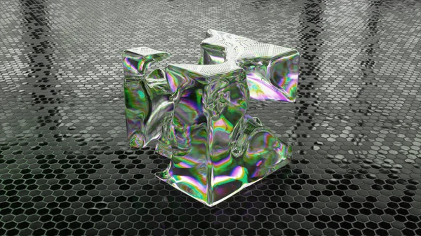 Появляется Жидкий Алмазный Куб Исчезает Абстрактном Фоне Радуга Материальное Преобразование — стоковое фото