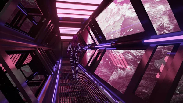 Conceito Espacial Alienígena Num Fato Brilhante Néon Está Atravessar Túnel — Fotografia de Stock