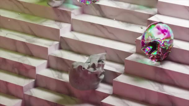 Měkké Diamantové Kostní Lebky Kutálejí Dolů Schodech Růžová Neonová Barva — Stock video