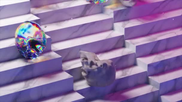 Yumuşak Elmas Kemik Kafatası Merdivenlerden Aşağı Yuvarlanıyor Mor Neon Rengi — Stok video