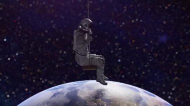  Astronot salıncakta sallanıyor uzayın arka planına ve Dünya gezegenine doğru. Kusursuz döngünün 3d animasyonu.