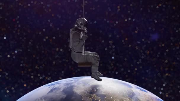 Astronot Salıncakta Sallanıyor Uzayın Arka Planına Dünya Gezegenine Doğru Kusursuz — Stok video
