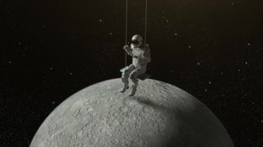 Astronot açık alanda salıncakta sallanıyor. Ay aşağıda. Arka planda yıldızlı gökyüzü. Kusursuz döngünün 3d animasyonu.