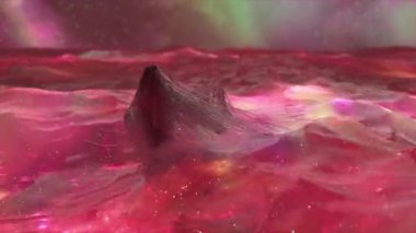 Şeffaf ipliklerden yapılmış canlı bir insan figürü yüzer ve sinyaller verir. Deniz kırmızısı neon suyu. Aurora borealis ve arka planda boşluk. Kusursuz döngünün 3d animasyonu