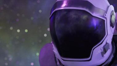 Uzay konsepti. Kask takmış bir astronotun kafası. Uzayda uçmak. Kusursuz döngünün 3d animasyonu.
