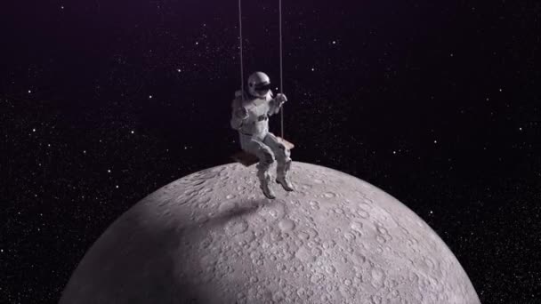 Astronauta Huśta Się Huśtawce Liny Otwartej Przestrzeni Księżyc Poniżej Gwiaździste — Wideo stockowe