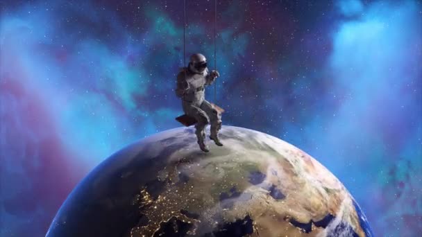 Concetto Astratto Spazio Astronauta Altalena Terra Sullo Sfondo Colore Blu — Video Stock