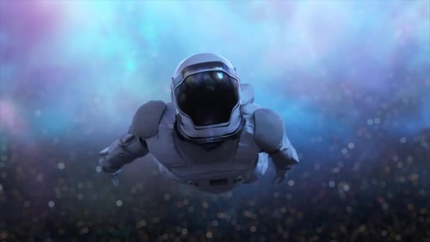 空间概念 宇航员飞过紫色的云彩 云彩环绕着宇航员 无缝循环的3D动画 — 图库视频影像