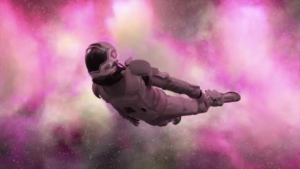 Astronauta Voa Através Nuvens Roxas Espaço Fato Espacial Cor Néon — Vídeo de Stock