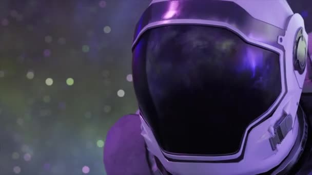 空间概念 一个戴头盔的宇航员的头特写 飞越外层空间 无缝循环3D动画 — 图库视频影像